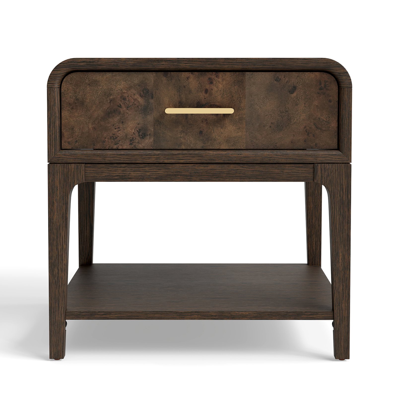 Mid-century Modern 1-drawer End Table/nightstand With Lower Shelf, Wood Frame & Burl Veneer Drawer Front, Oak Finish - Image 2