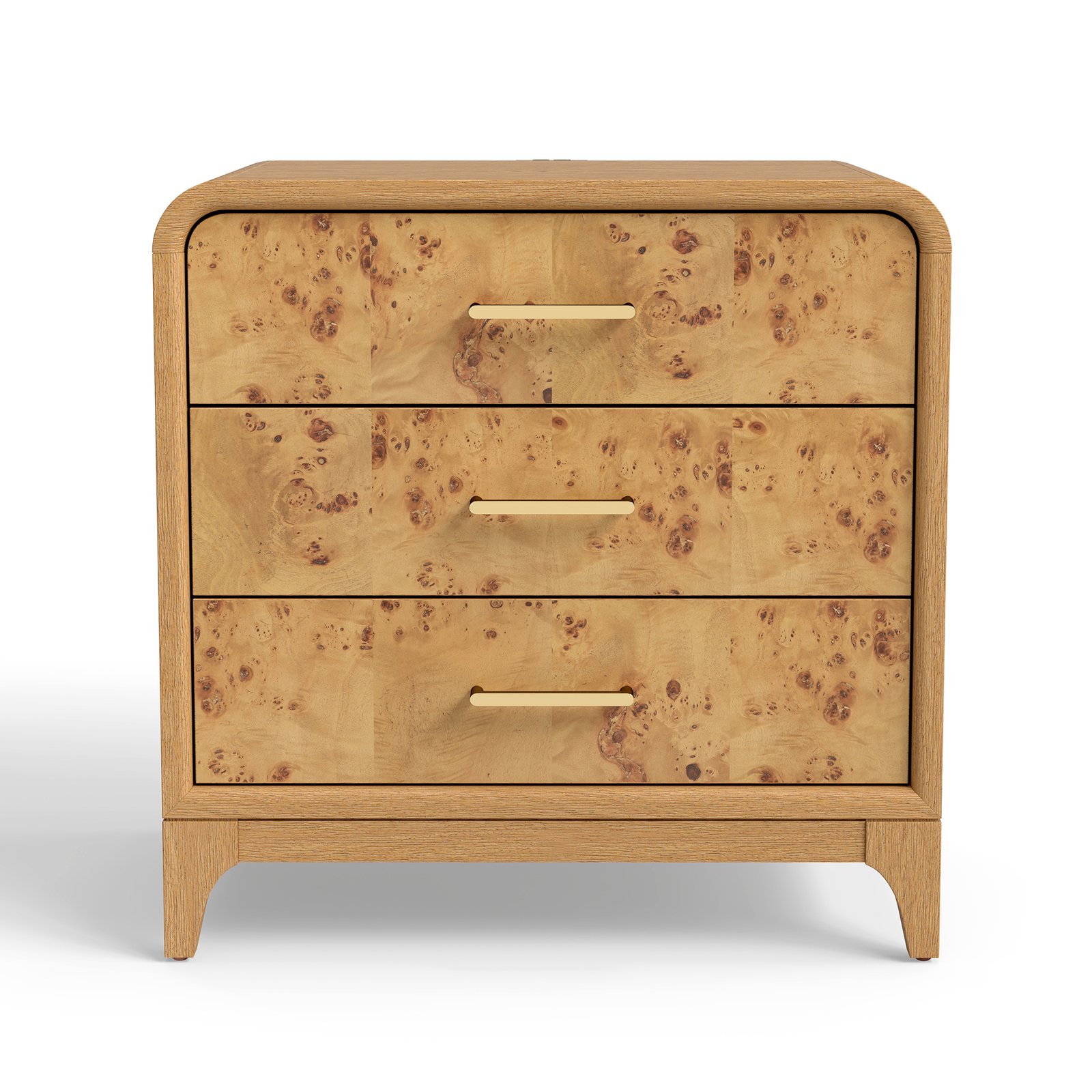 Mid-Century Modern 3-Drawer Nightstand with Burl Wood Veneer & Solid Oak Legs