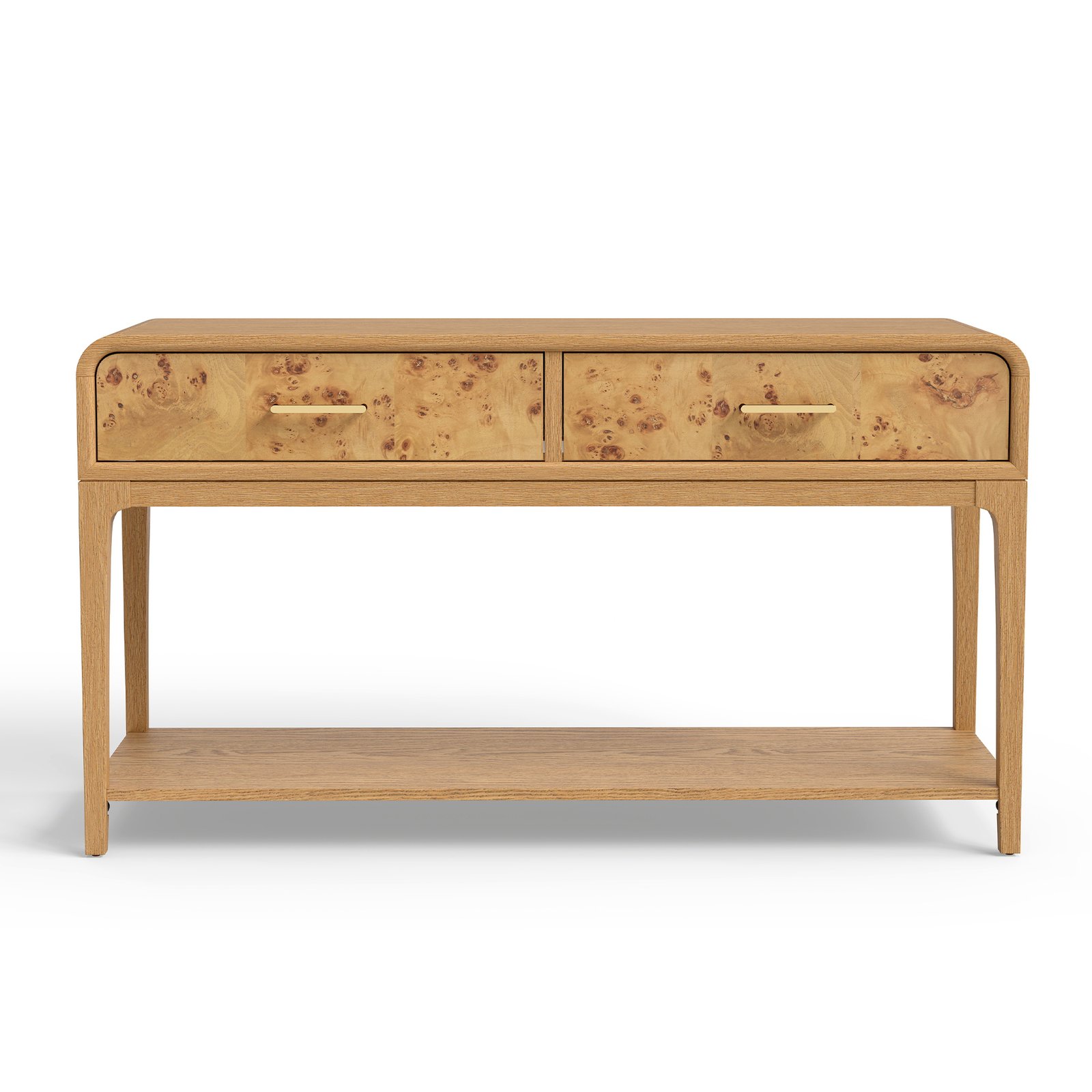 Mid-Century Burl Wood Console Table with 2 Drawers & Open Shelf Storage