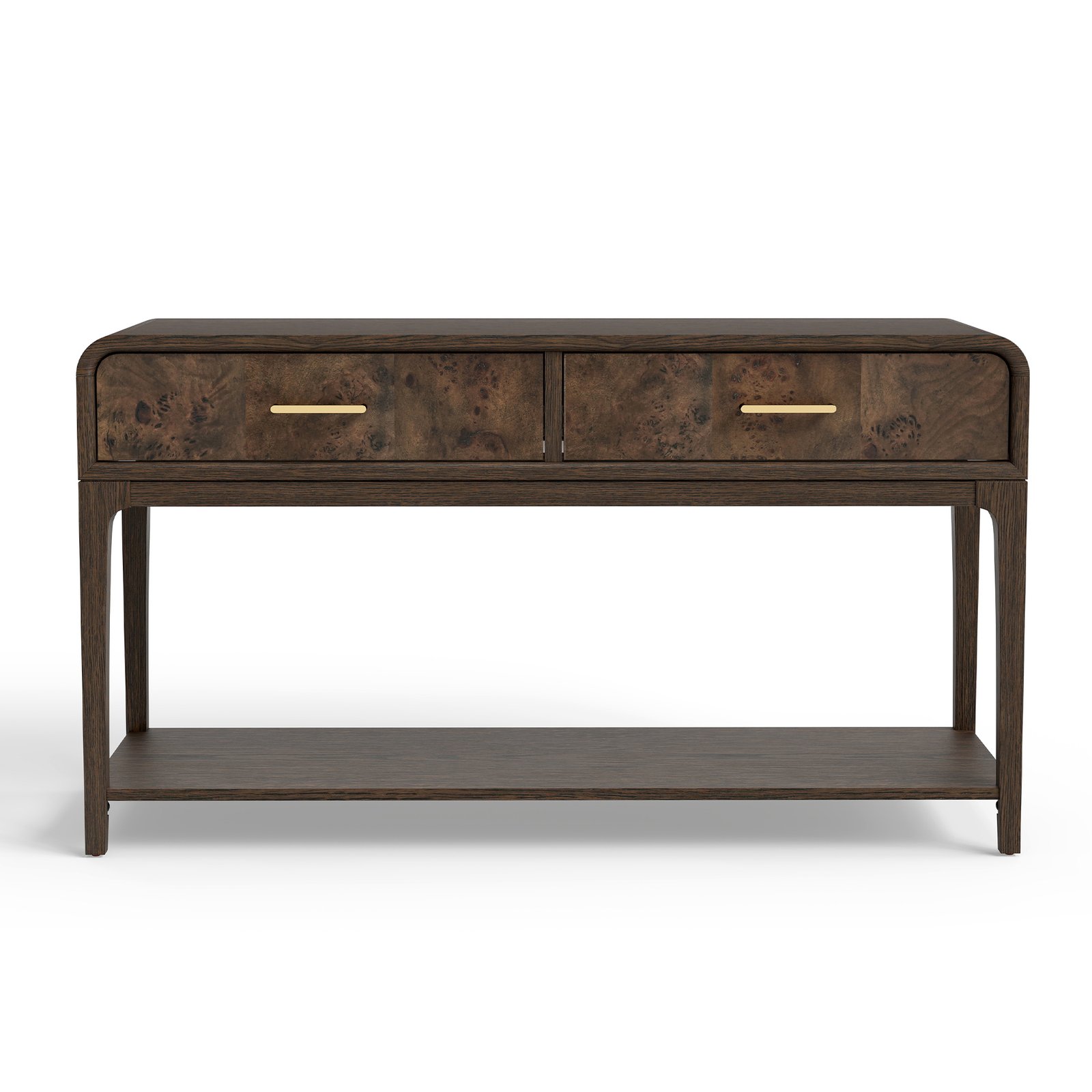 Mid-Century Burl Wood Console Table with 2 Drawers & Open Shelf Storage - Image 2