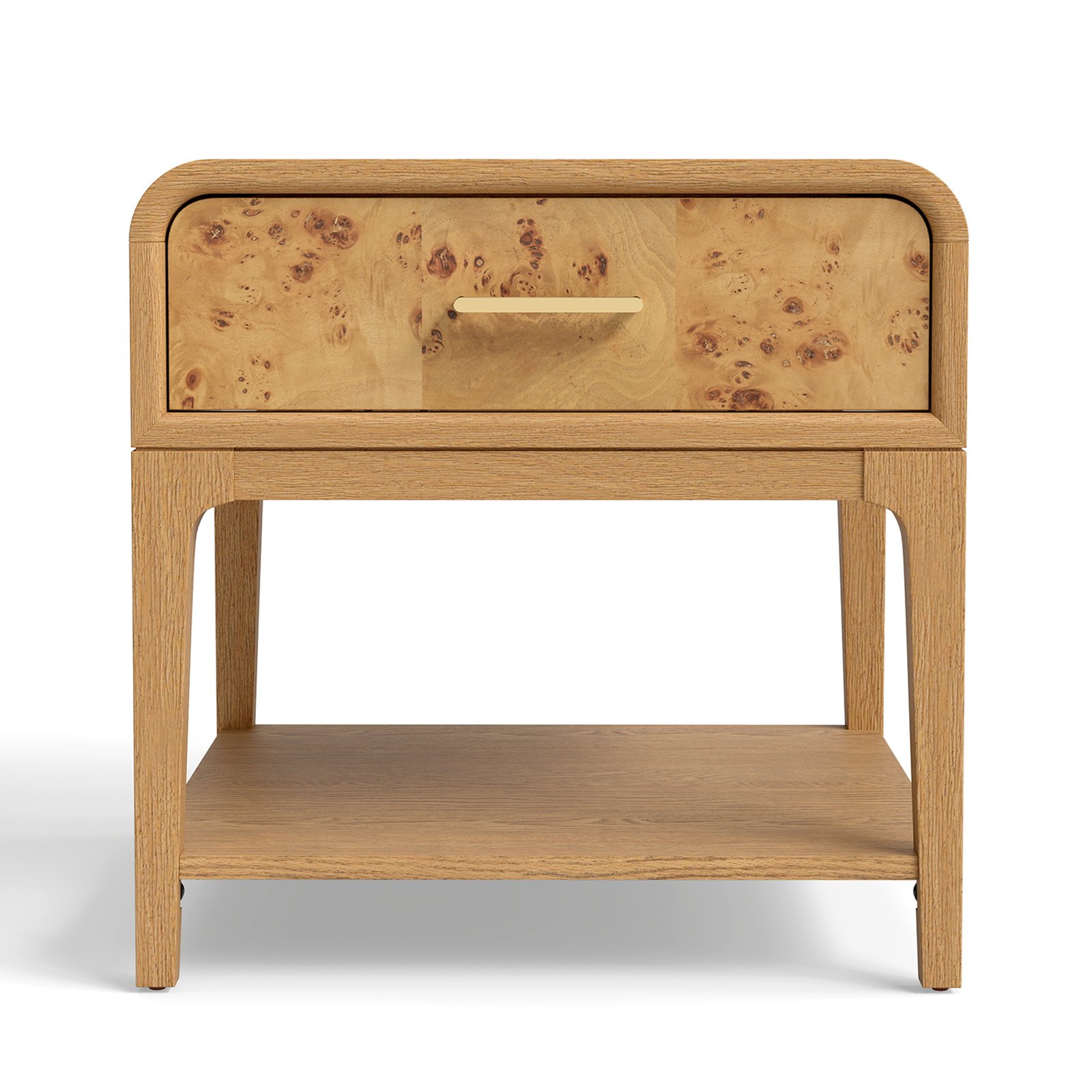Mid-century Modern 1-drawer End Table/nightstand With Lower Shelf, Wood Frame & Burl Veneer Drawer Front, Oak Finish