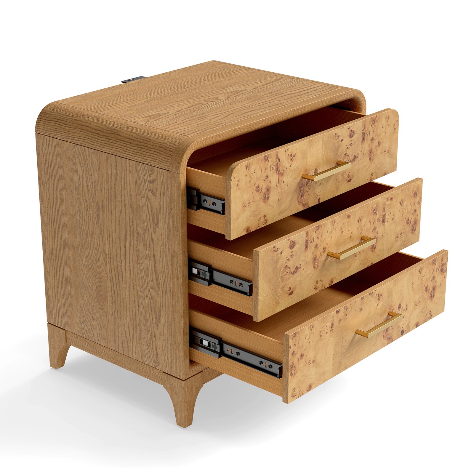 Mid-Century Modern 3-Drawer Nightstand with Burl Wood Veneer & Solid Oak Legs - Image 4