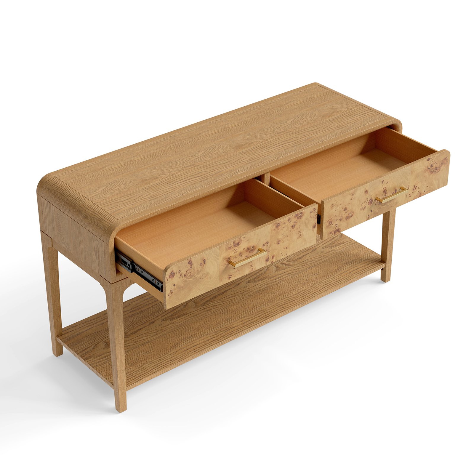 Mid-Century Burl Wood Console Table with 2 Drawers & Open Shelf Storage - Image 4