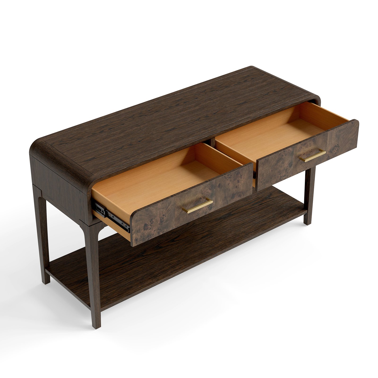 Mid-Century Burl Wood Console Table with 2 Drawers & Open Shelf Storage - Image 3