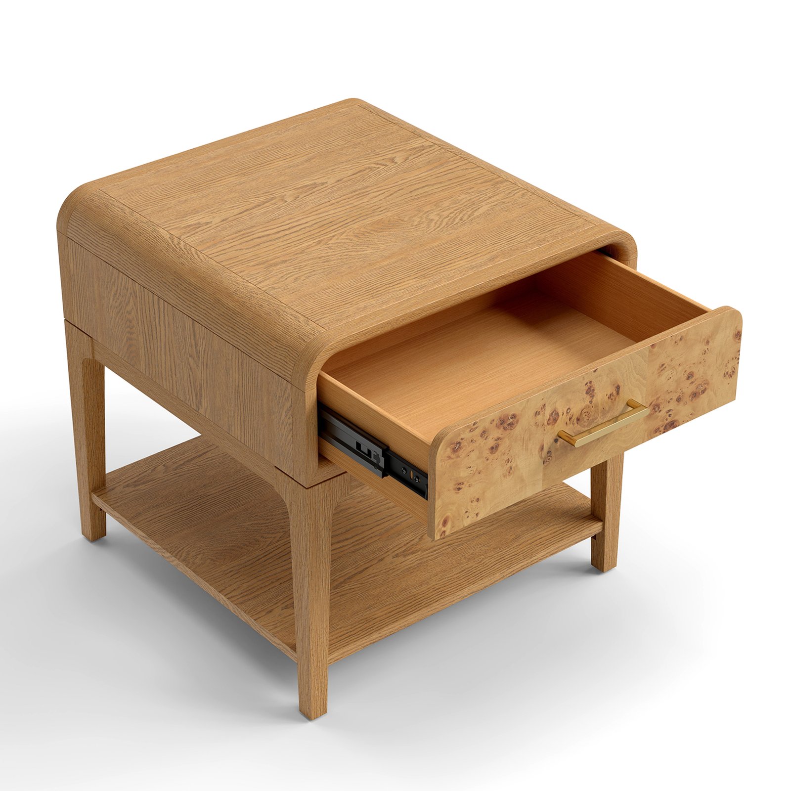 Mid-century Modern 1-drawer End Table/nightstand With Lower Shelf, Wood Frame & Burl Veneer Drawer Front, Oak Finish - Image 3