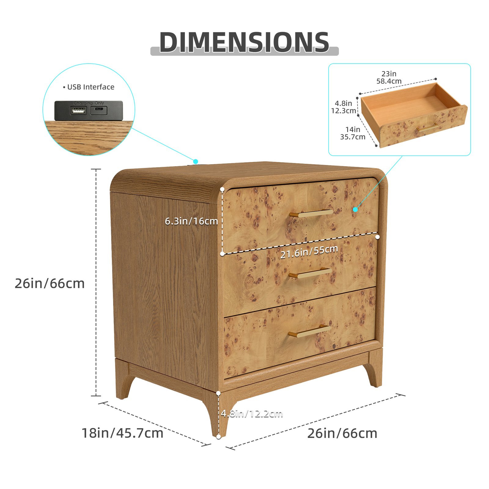 Mid-Century Modern 3-Drawer Nightstand with Burl Wood Veneer & Solid Oak Legs - Image 5