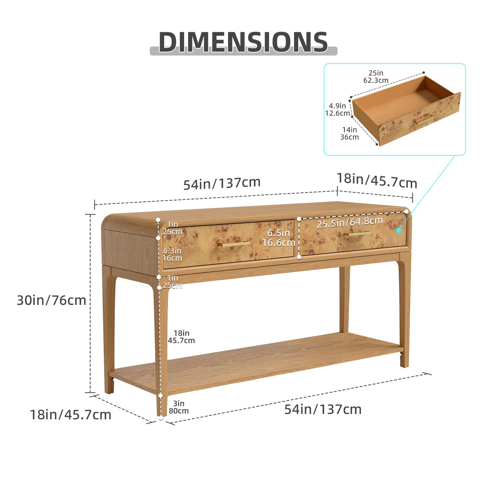 Mid-Century Burl Wood Console Table with 2 Drawers & Open Shelf Storage - Image 5