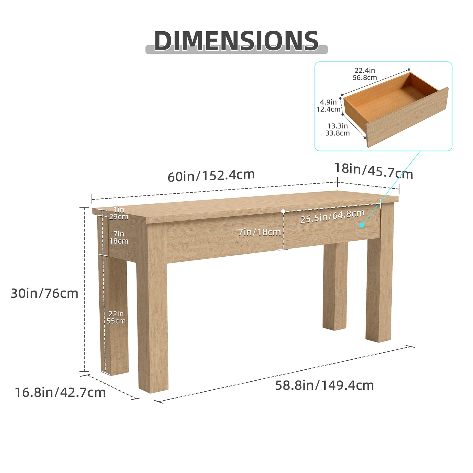 Modern Oak Console Table with 2 Drawers for Entryway, Hallway & Living Room - Image 5