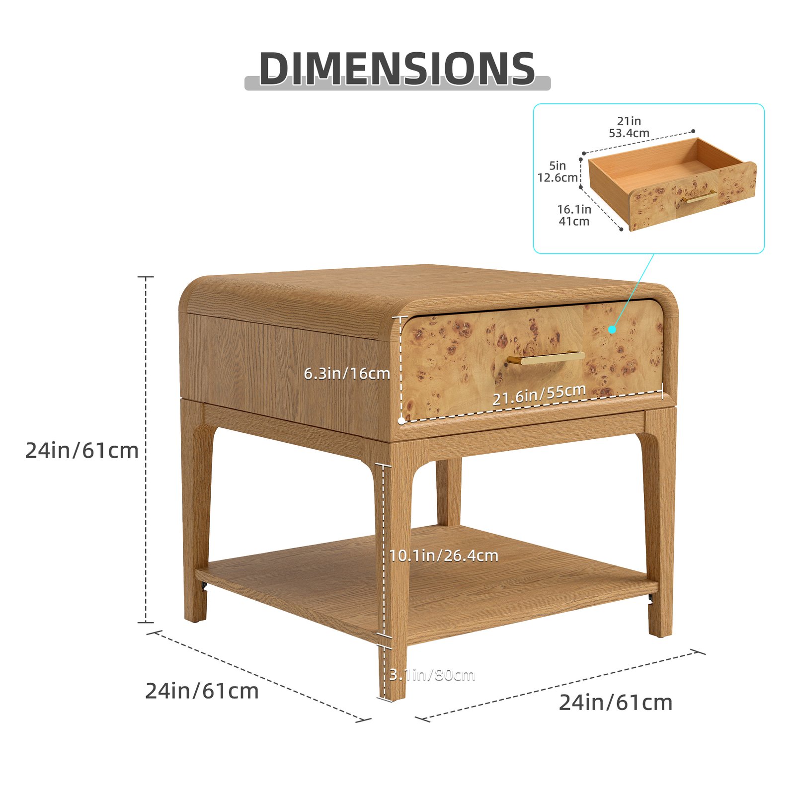 Mid-century Modern 1-drawer End Table/nightstand With Lower Shelf, Wood Frame & Burl Veneer Drawer Front, Oak Finish - Image 4
