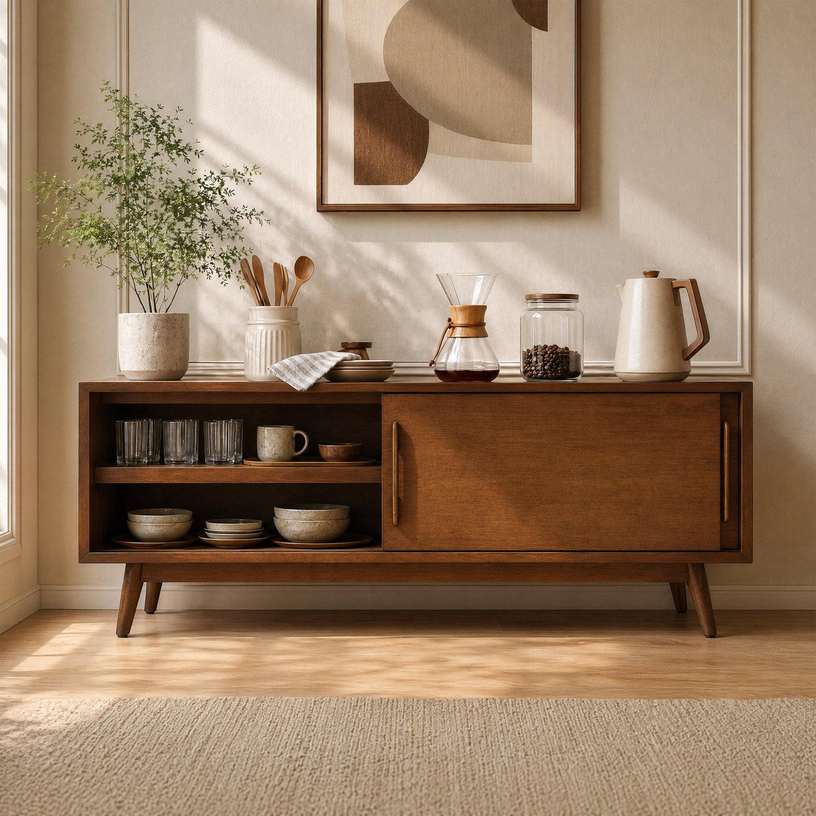 55“ Mid-Century Modern Solid Wood TV Stand with Storage Cabinet | OEM & Wholesale Manufacturer - Image 2