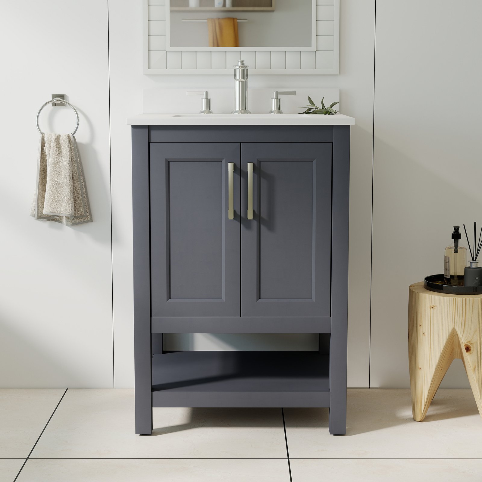 24 Inch Modern Bathroom Vanity with Engineered Wood Cabinet & Quartz Countertop | OEM & Wholesale Supplier