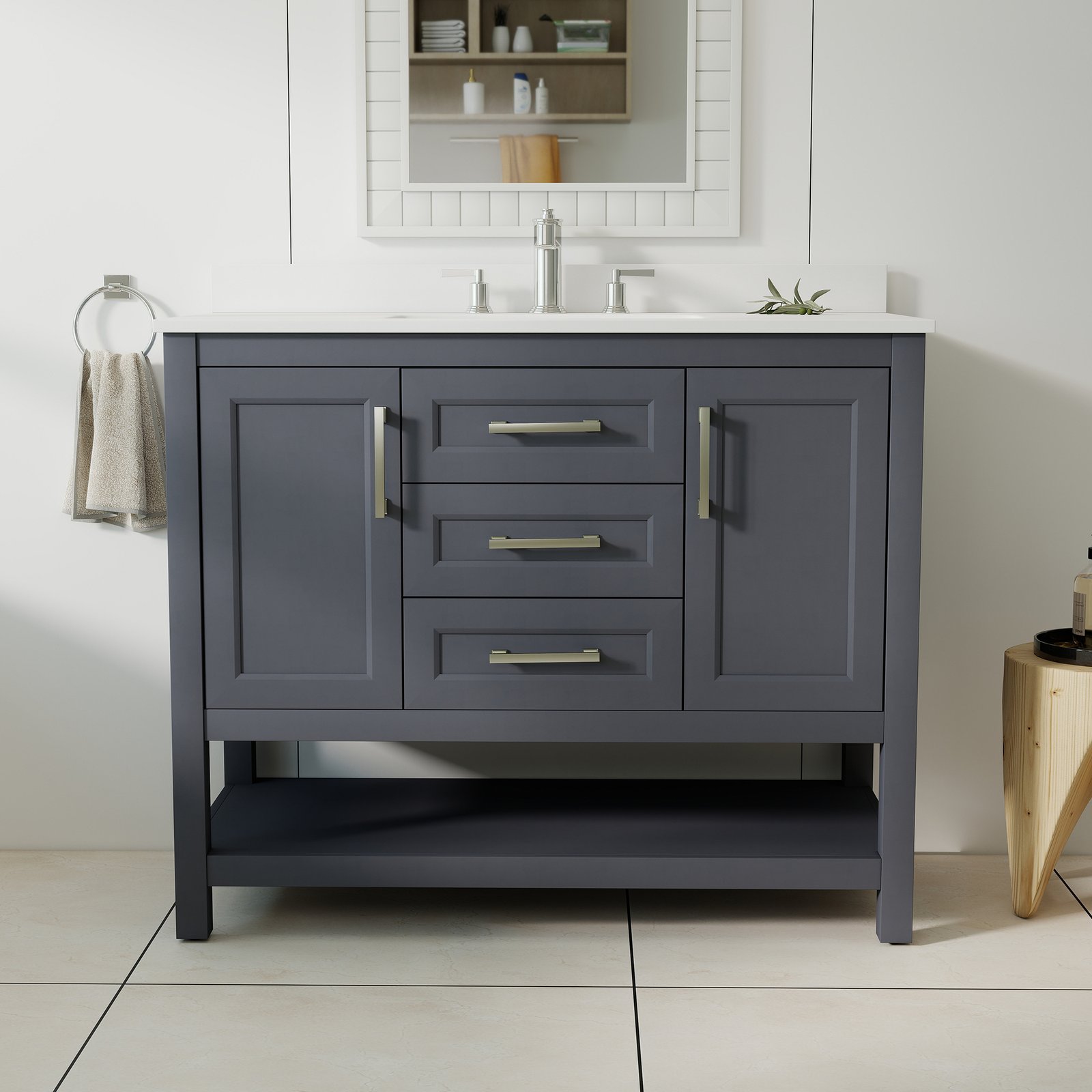42 Inch Modern Bathroom Vanity with Engineered Wood Cabinet & Quartz Countertop | OEM & Wholesale Supplier