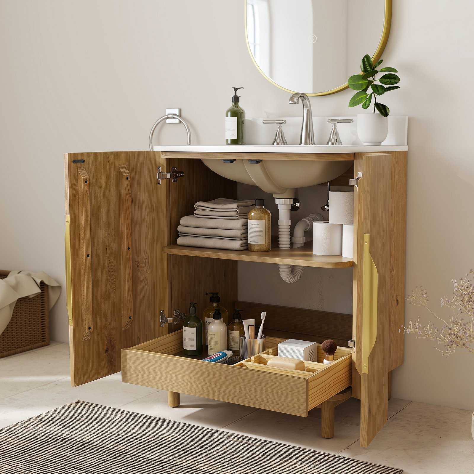 28 Inch Modern Solid Wood Bathroom Vanity with Quartz Countertop & Soft-Close Storage | OEM & Wholesale Supplier - Image 3