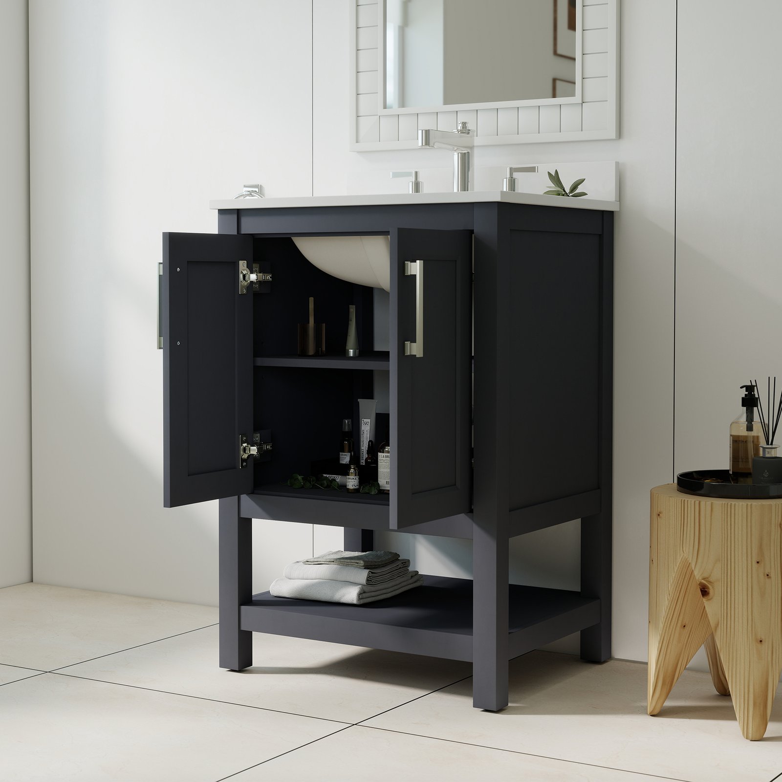 24 Inch Modern Bathroom Vanity with Engineered Wood Cabinet & Quartz Countertop | OEM & Wholesale Supplier - Image 3