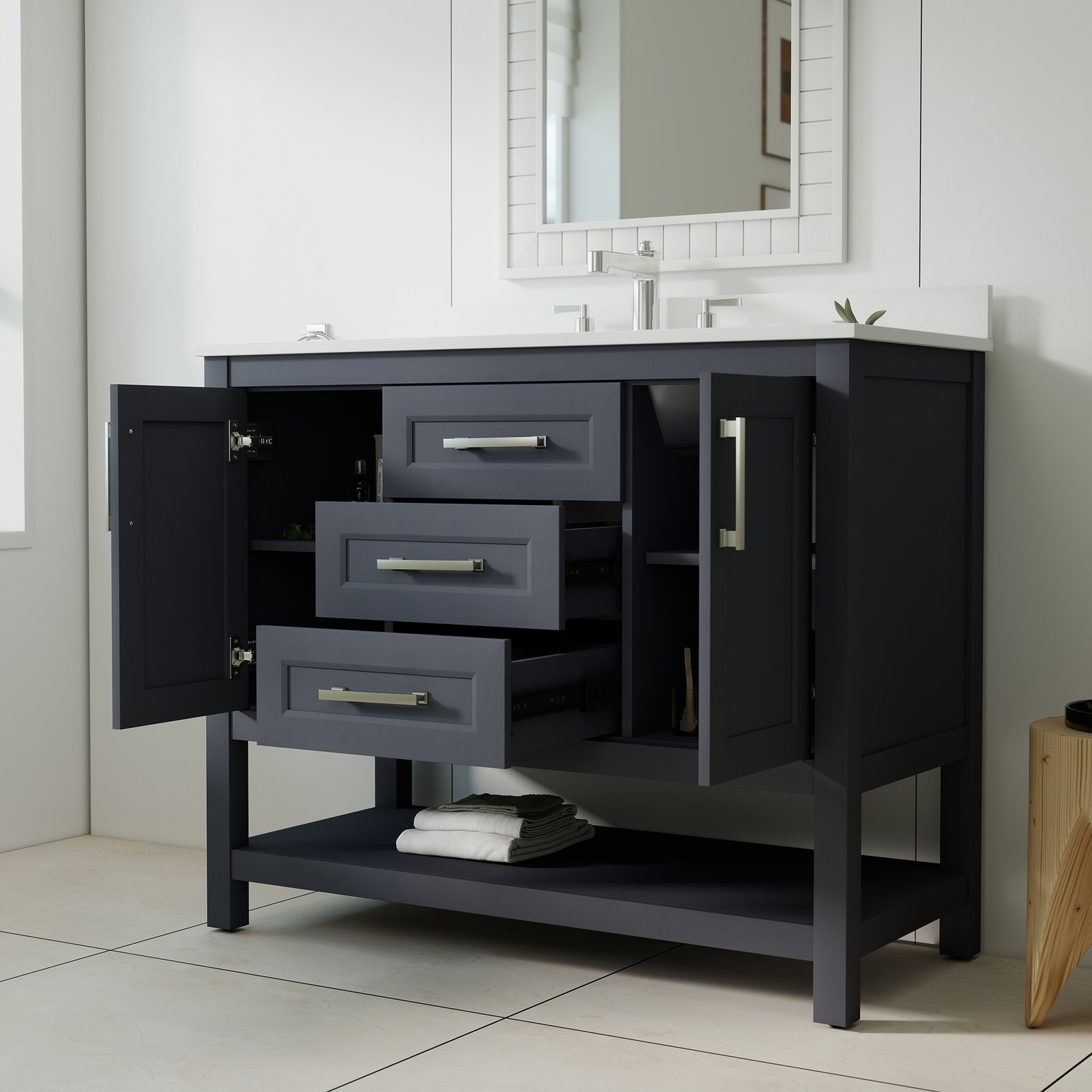 42 Inch Modern Bathroom Vanity with Engineered Wood Cabinet & Quartz Countertop | OEM & Wholesale Supplier - Image 2