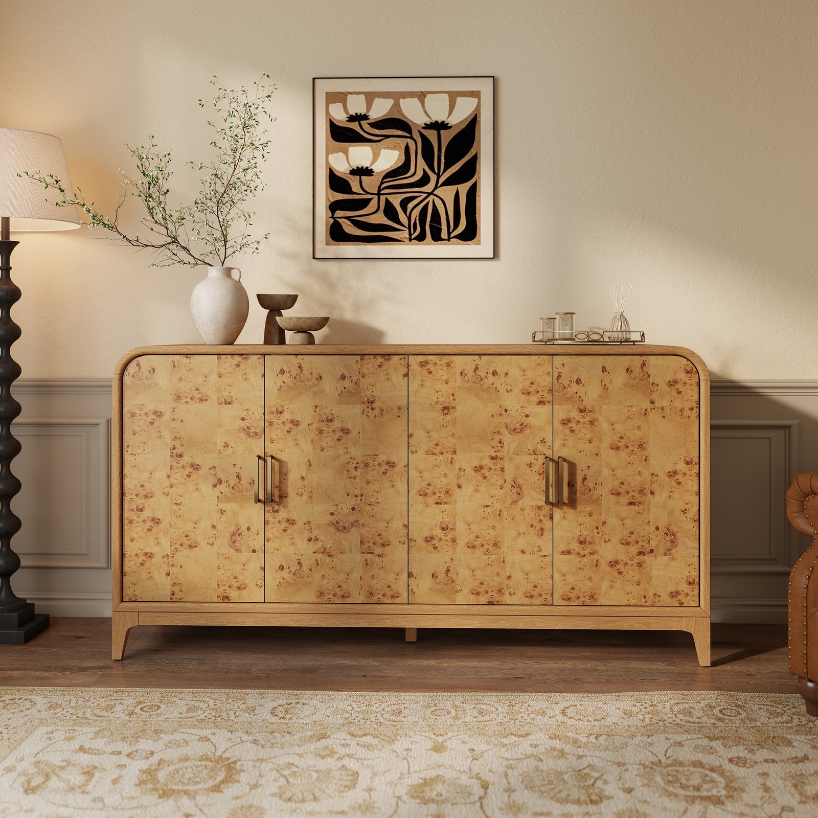 Mid-Century Burl Wood Sideboard Cabinet with 4 Doors | OEM & Wholesale Furniture Supplier - Image 4