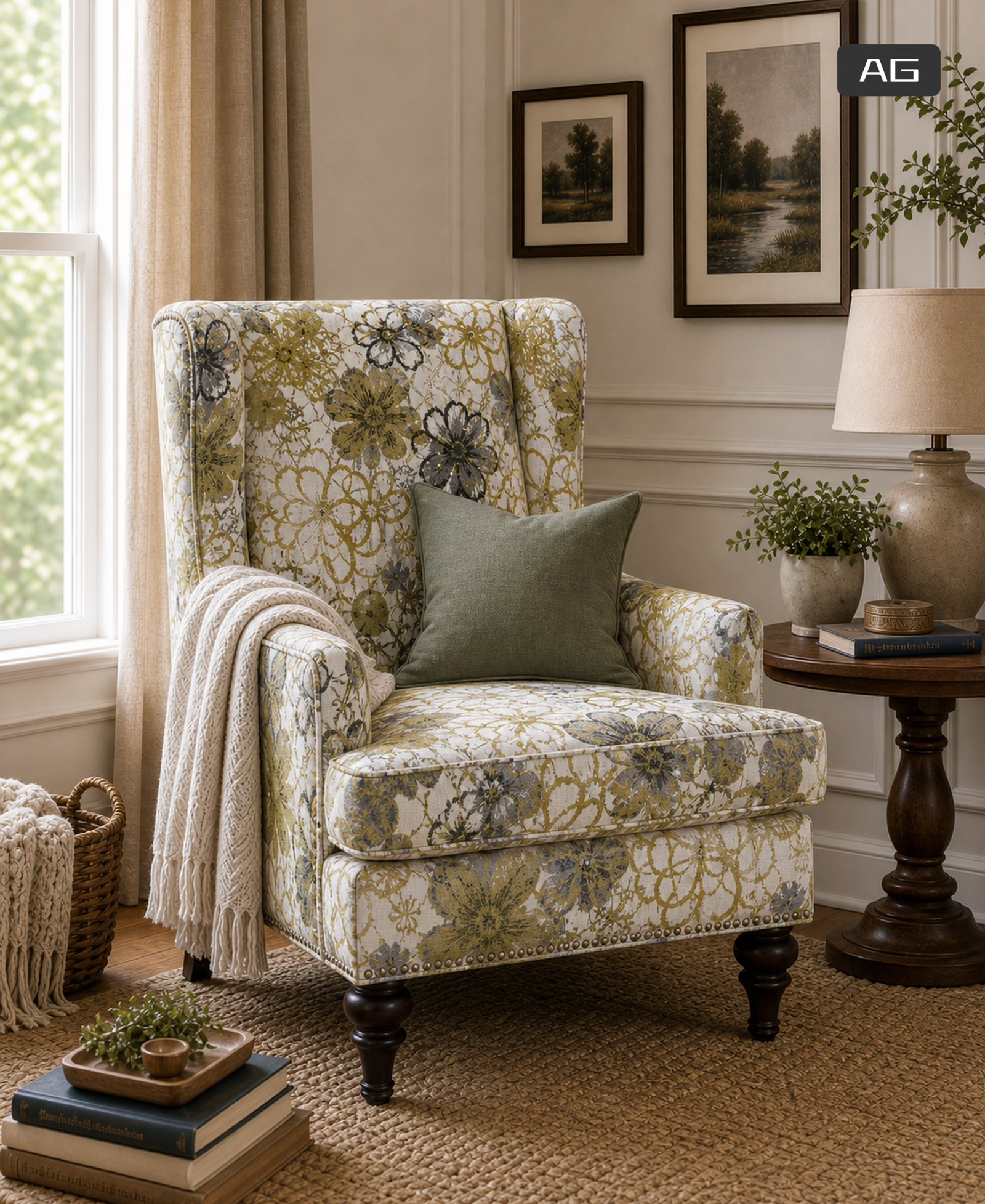 Traditional Upholstered Wingback Accent Chair with Paisley Fabric | Custom Lounge Chair for Living Room & Hospitality